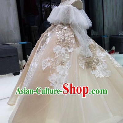 Top Children Stage Performance Beige Veil Bubble Full Dress Girl Catwalks Show Evening Clothing Baroque Princess Formal Garment