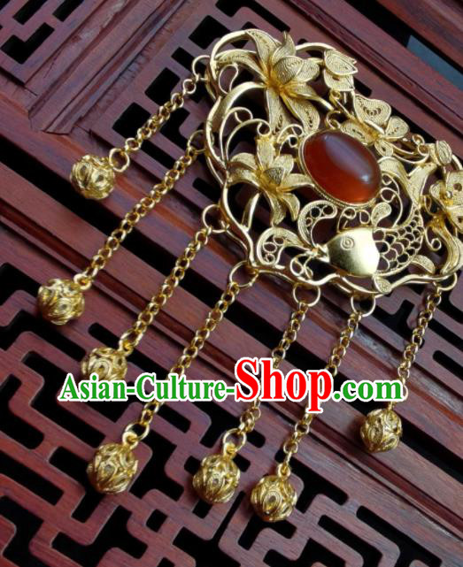 Chinese Ming Dynasty Golden Necklace Handmade Longevity Lock Classical Hanfu Tassel Necklet Pendant Chinese Ming Dynasty Golden Necklace Handmade Longevity Lock Classical Hanfu Tassel Necklet Pendant