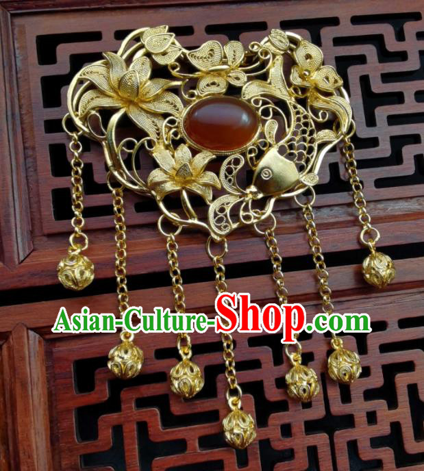 Chinese Ming Dynasty Golden Necklace Handmade Longevity Lock Classical Hanfu Tassel Necklet Pendant Chinese Ming Dynasty Golden Necklace Handmade Longevity Lock Classical Hanfu Tassel Necklet Pendant