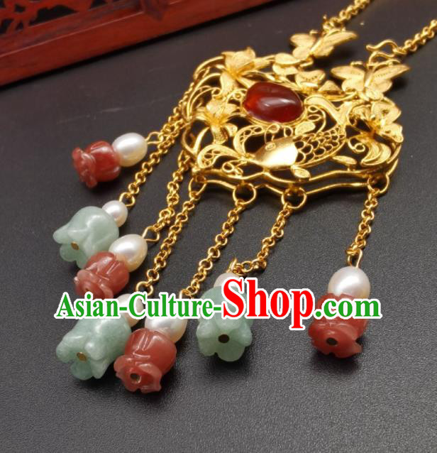 Chinese Classical Hanfu Tassel Necklet Pendant Ming Dynasty Golden Necklace Handmade Silver Longevity Lock Chinese Classical Hanfu Tassel Necklet Pendant Ming Dynasty Golden Necklace Handmade Silver Longevity Lock
