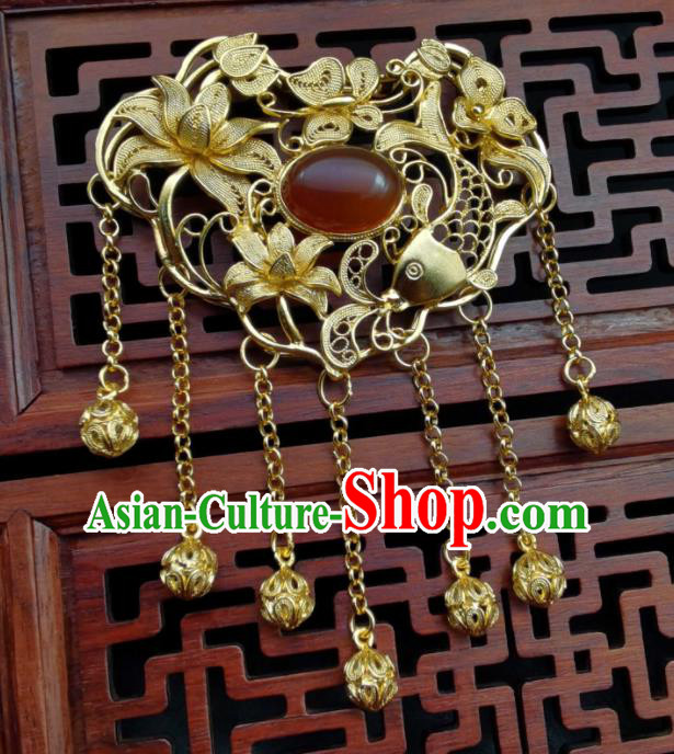 Chinese Ming Dynasty Golden Necklace Handmade Longevity Lock Classical Hanfu Tassel Necklet Pendant Chinese Ming Dynasty Golden Necklace Handmade Longevity Lock Classical Hanfu Tassel Necklet Pendant