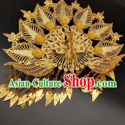 China Ancient Empress Hair Crown Classical Hanfu Headpiece Handmade Hair Accessories Traditional Gilding Silver Peacock Hairpin