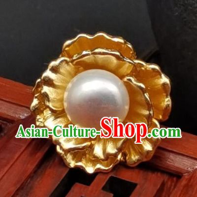 China Traditional Gilding Silver Peony Hairpin Ancient Empress Pearl Hair Stick Classical Hanfu Headpiece Handmade Hair Accessories