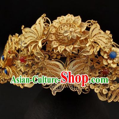 Chinese Traditional Wedding Hair Accessories Ancient Empress Phoenix Coronet Classical Gilding Butterfly Hair Crown Handmade Ming Dynasty Headpiece