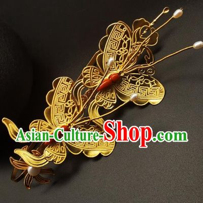 Chinese Traditional Wedding Hair Accessories Ancient Empress Agate Butterfly Hairpin Classical Gilding Hair Stick Handmade Ming Dynasty Headpiece