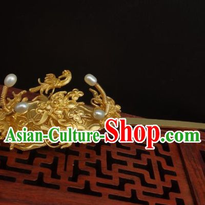Chinese Handmade Ming Dynasty Headpiece Traditional Wedding Hair Accessories Ancient Empress Pearls Hairpin Classical Gilding Hair Stick