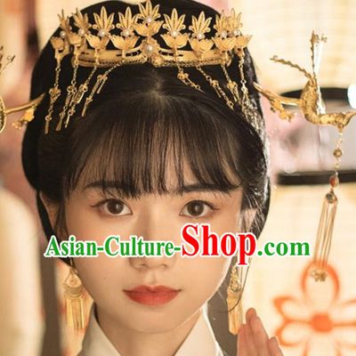 Chinese Classical Gilding Hair Crown Handmade Ming Dynasty Headdress Traditional Wedding Hair Accessories Ancient Empress Pearls Phoenix Coronet