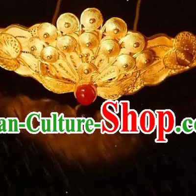 Chinese Ancient Empress Peacock Hairpin Classical Gilding Hair Crown Handmade Ming Dynasty Headpiece Traditional Wedding Hair Accessories