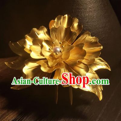 Chinese Traditional Wedding Hair Accessories Ancient Princess Gilding Peony Hairpin Classical Hair Crown Handmade Tang Dynasty Headpiece