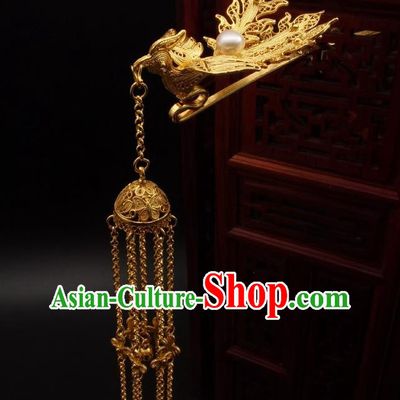 Chinese Ancient Queen Golden Phoenix Hairpin Classical Tassel Hair Stick Handmade Ming Dynasty Headpiece Traditional Wedding Hair Accessories