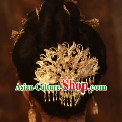 Chinese Traditional Wedding Hair Accessories Ancient Princess Gilding Hairpin Classical Tassel Hair Crown Handmade Tang Dynasty Headpiece