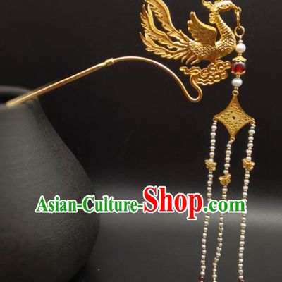 Chinese Traditional Wedding Hair Accessories Ancient Queen Golden Phoenix Hairpin Classical Pearls Tassel Hair Stick Handmade Ming Dynasty Headpiece