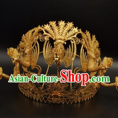 Chinese Handmade Ming Dynasty Headdress Traditional Wedding Hair Accessories Ancient Empress Golden Phoenix Coronet Classical Hair Crown