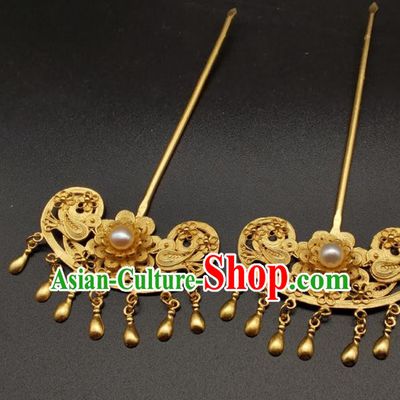 Chinese Handmade Ming Dynasty Headpiece Traditional Wedding Hair Accessories Ancient Princess Gilding Hairpin Classical Tassel Hair Stick