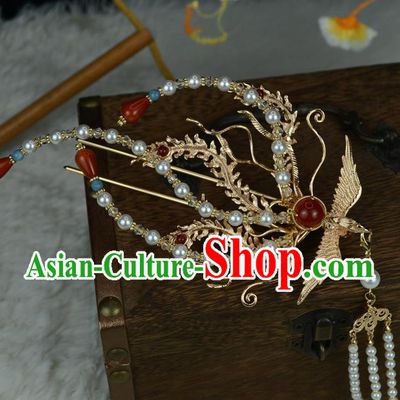 Chinese Traditional Hanfu Hair Accessories Ancient Empress Tassel Hair Stick Classical Wedding Golden Phoenix Hairpin Handmade Ming Dynasty Headpiece