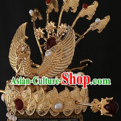 Chinese Handmade Ming Dynasty Headdress Traditional Hanfu Hair Accessories Ancient Empress Phoenix Coronet Classical Wedding Golden Hair Crown and Hairpin