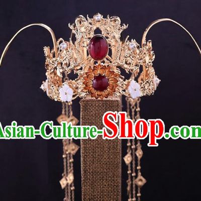 Chinese Classical Wedding Tassel Hair Crown Handmade Tang Dynasty Headdress Traditional Hanfu Hair Accessories Ancient Princess Phoenix Coronet