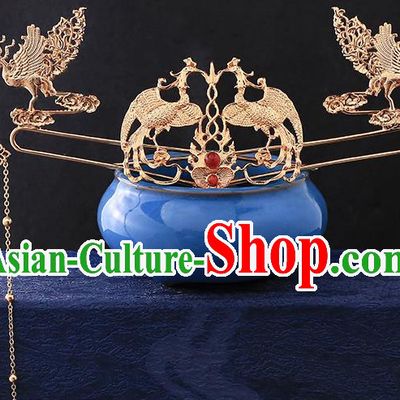 Chinese Ancient Princess Hair Crown and Hairpins Classical Wedding Phoenix Coronet Handmade Ming Dynasty Headdress Traditional Hanfu Hair Accessories