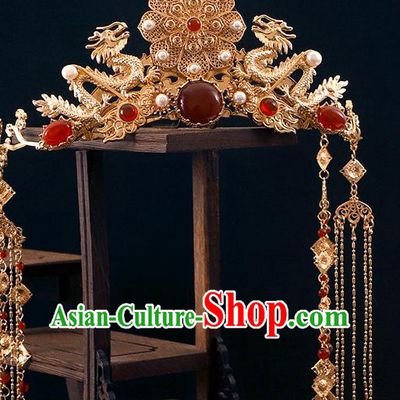 Chinese Traditional Hanfu Hair Accessories Ancient Empress Dragon Hair Crown Classical Wedding Pearls Phoenix Coronet Handmade Ming Dynasty Headdress