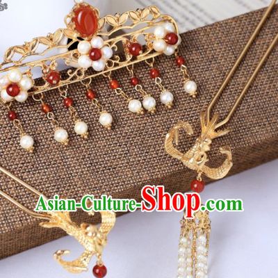 Chinese Ancient Princess Headpieces Classical Wedding Hairpins Handmade Ming Dynasty Golden Hair Sticks Traditional Hanfu Hair Accessories