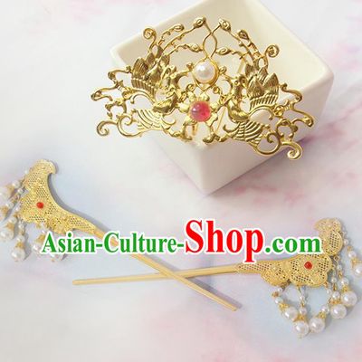 Chinese Handmade Tang Dynasty Hair Crown Traditional Hanfu Hair Accessories Ancient Princess Headpieces Classical Wedding Tassel Hairpins