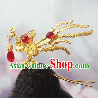 Chinese Classical Wedding Hairpin Handmade Ming Dynasty Golden Phoenix Hair Stick Traditional Hanfu Hair Accessories Ancient Empress Headpiece