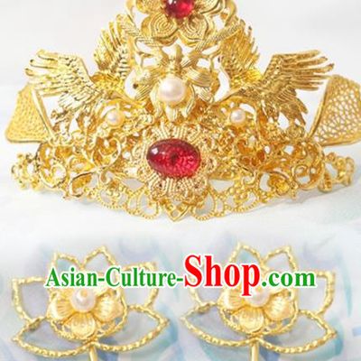 Chinese Ancient Empress Lotus Hairpins Classical Wedding Golden Hair Crown Handmade Tang Dynasty Headpieces Traditional Hanfu Hair Accessories