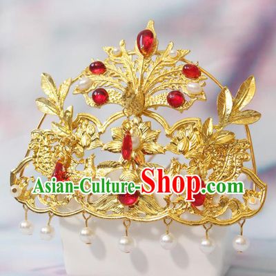 Chinese Handmade Tang Dynasty Headpiece Traditional Hanfu Hair Accessories Ancient Princess Golden Phoenix Hairpin Classical Wedding Hair Crown