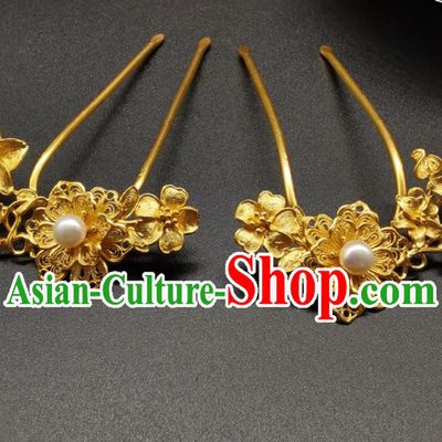 Chinese Handmade Ming Dynasty Headpiece Traditional Hanfu Hair Accessories Ancient Princess Gilding Hairpin Classical Wedding Pearl Hair Comb