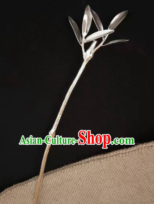 Chinese Handmade Silver Bamboo Hairpin Classical Hair Stick Cheongsam Headpiece Traditional Hair Accessories