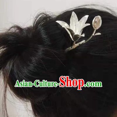 Chinese Traditional Hair Accessories Handmade Silver Mangnolia Hairpin Classical Hair Stick Cheongsam Headpiece