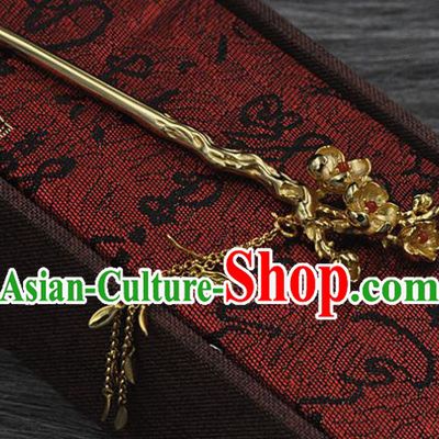 Chinese Handmade Silver Plum Hairpin Classical Golden Tassel Hair Stick Cheongsam Headpiece Traditional Hair Accessories