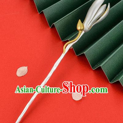 Chinese Classical Silver Mangnolia Hair Stick Cheongsam Headpiece Traditional Hair Accessories Handmade Carving Hairpin