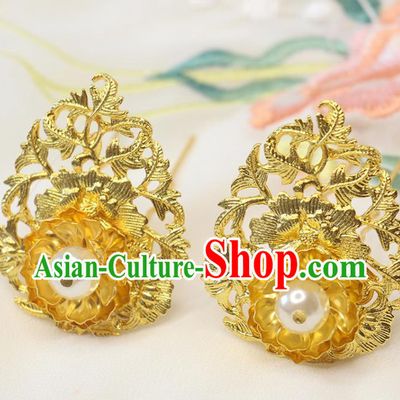 Chinese Ancient Princess Hairpin Classical Wedding Golden Peony Hair Stick Handmade Ming Dynasty Headpiece Traditional Court Hair Accessories