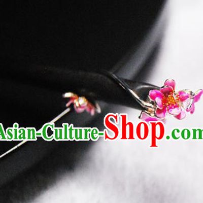 Chinese Classical Ebony Hair Stick Cheongsam Headpiece Traditional Hair Accessories Handmade Enamel Red Lotus Hairpin