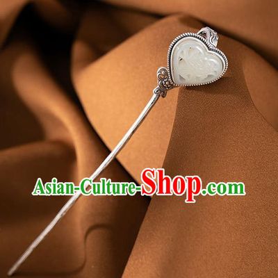 Chinese Cheongsam Headpiece Handmade Silver Hairpin Traditional Hair Accessories Classical Hetian Jade Hair Stick
