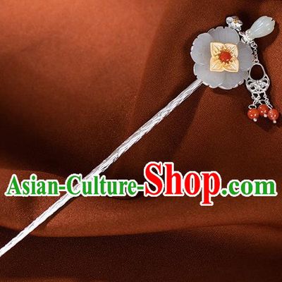 Chinese Traditional Hair Accessories Classical Silver Hair Stick Cheongsam Headpiece Handmade Jade Mangnolia Hairpin