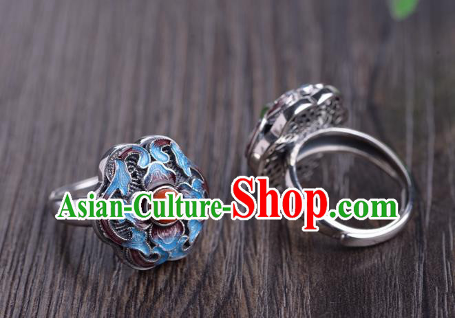 Chinese Handmade Cloisonne Ring Classical Silver Jewelry Accessories Cheongsam Agate Finger Circlet