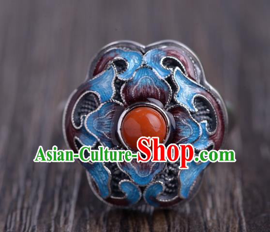 Chinese Handmade Cloisonne Ring Classical Silver Jewelry Accessories Cheongsam Agate Finger Circlet