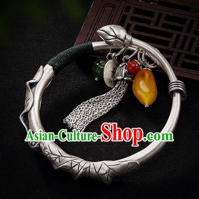 Chinese Cheongsam Wristlet Accessories Handmade Carving Lotus Bracelet Classical Silver Bangle Jewelry
