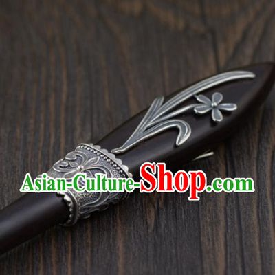 Chinese Handmade Silver Orchids Hairpin Traditional Hair Jewelry Classical Ebony Hair Stick Cheongsam Accessories Headpiece
