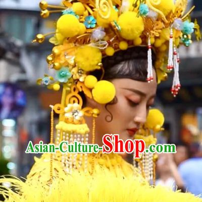 Custom China Opera Deluxe Phoenix Coronet Catwalks Headdress Wedding Hair Accessories Stage Show Yellow Hair Crown