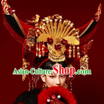 Custom China Wedding Hair Accessories Stage Show Red Giant Hair Crown Opera Deluxe Phoenix Coronet Catwalks Headdress