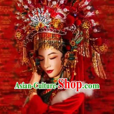 Custom China Opera Imperial Concubine Deluxe Phoenix Coronet Catwalks Headdress Wedding Hair Accessories Stage Show Giant Red Hair Crown