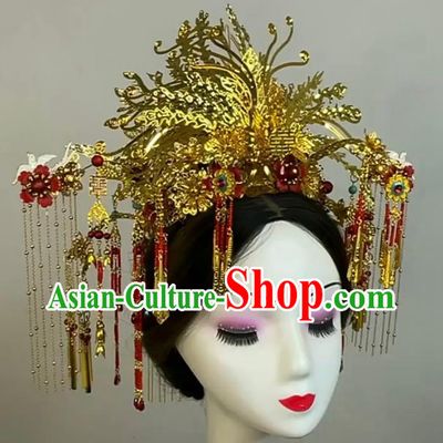 Top China Stage Show Deluxe Hair Crown Ancient Bride Golden Phoenix Coronet Catwalks Headdress Wedding Hair Accessories