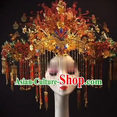 China Ancient Empress Deluxe Phoenix Coronet Catwalks Hair Accessories Wedding Headdress Stage Show Giant Red Hair Crown