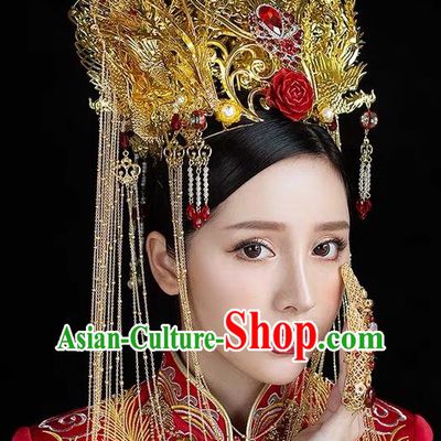 China Stage Show Giant Golden Hair Crown Ancient Queen Deluxe Phoenix Coronet Catwalks Hair Accessories Wedding Headdress