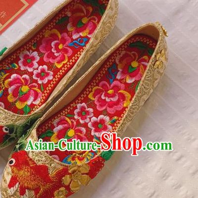 China Xiuhe Suit Shoes Wedding Golden Lace Shoes Embroidered Goldfish Shoes Handmade Bride Shoes