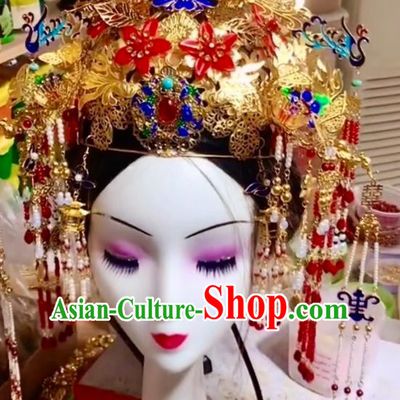 Top China Ancient Empress Cloisonne Phoenix Coronet Catwalks Headdress Wedding Hair Accessories Stage Show Deluxe Hair Crown