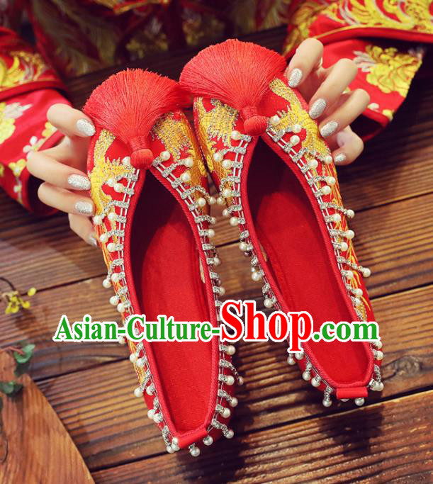 China Xiuhe Red Satin Shoes Classical Wedding Shoes Embroidered Pearls Shoes Handmade Bride Shoes China Xiuhe Red Satin Shoes Classical Wedding Shoes Embroidered Pearls Shoes Handmade Bride Shoes